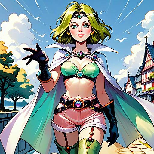 Anime Style Fantasy Woman in White Cape and Green Outfit Walking Outdoors