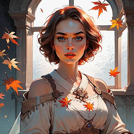 Fantasy Portrait of Woman with Autumn Leaves by Window