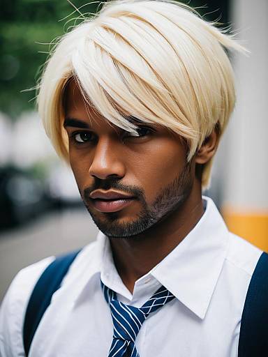 Portrait of Man with Platinum Blonde Hair Wearing White Shirt and Blue Tie