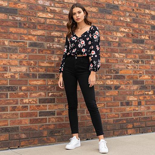 Gen Z Woman in Floral Top and Skinny Jeans Against Brick Wall