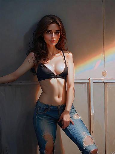 Confident Woman in Black Bralette and Ripped Jeans Indoors with Prism Light