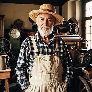 Elderly Man in Straw Hat and Overalls in Vintage Workshop