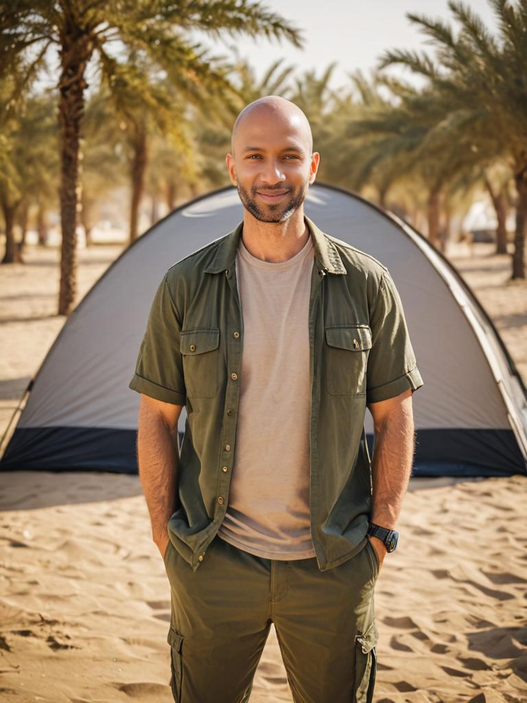 Smiling Man in Front of Tent Among Palm Trees