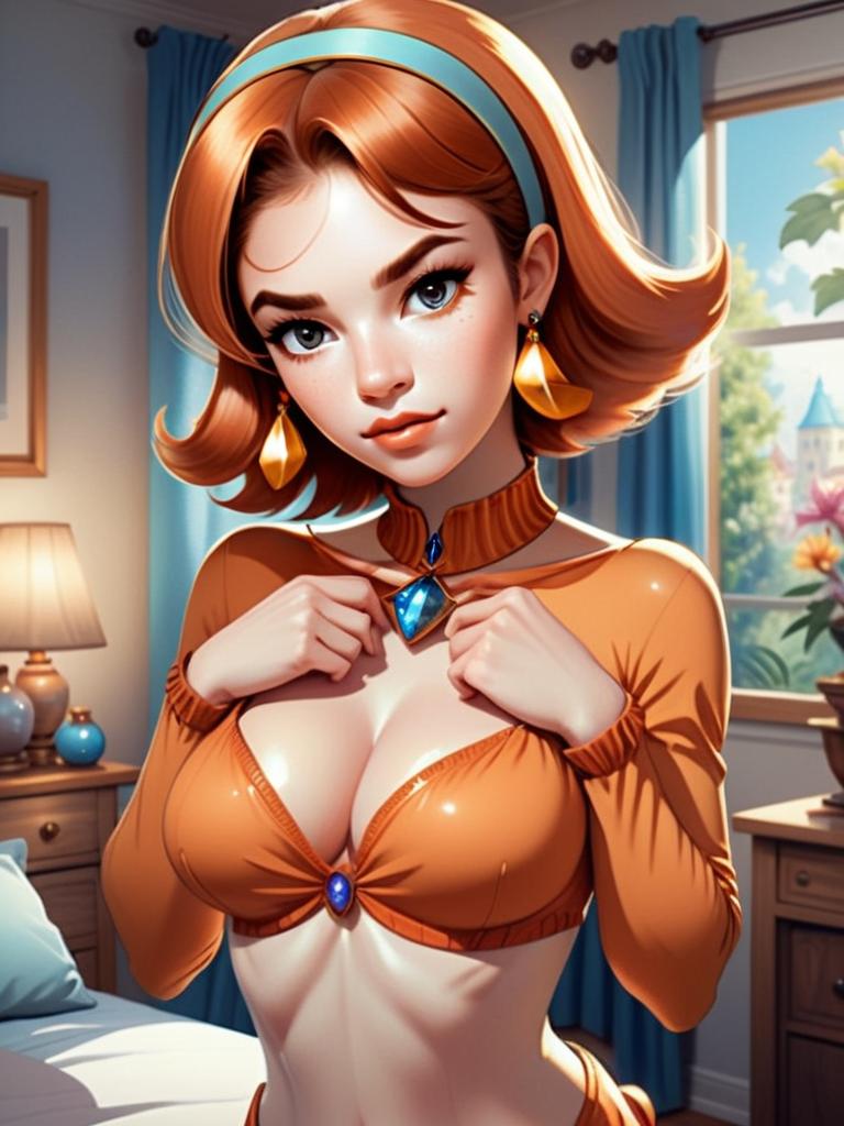 Digital Art of Retro Style Woman with Red Hair and Orange Outfit Indoors