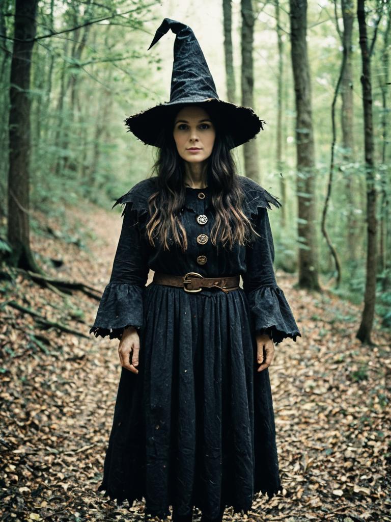 Woman in Classic Woodland Witch Costume Standing in Forest