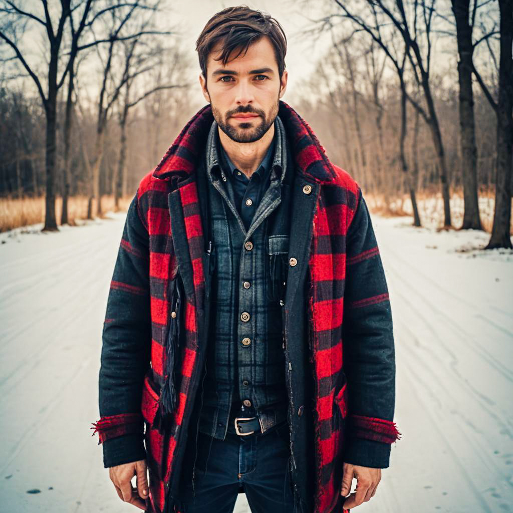 Young Man in Red and Black Plaid Coat on Snowy Forest Path