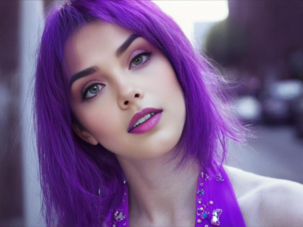 Woman with Purple Hair and Bold Makeup in Urban Setting