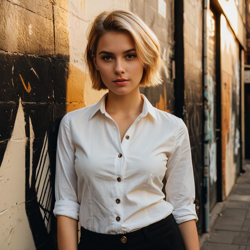 Young Woman in White Shirt Standing by Graffiti Wall Urban Street Style Young Woman in White Shirt Standing by Graffiti Wall Urban Street Style