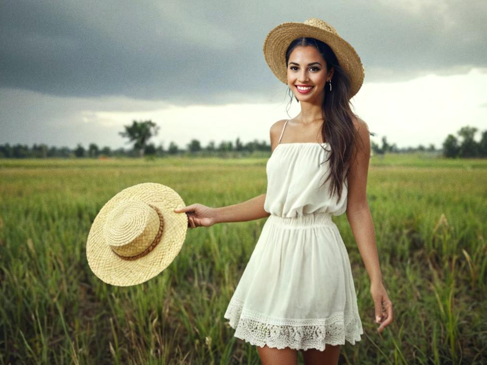 Woman in White Dress in Rice Field