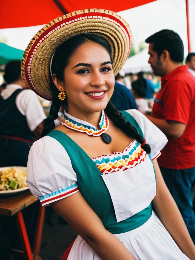 Mexican Woman in Traditional Waitress Costume at Festival Cosplay