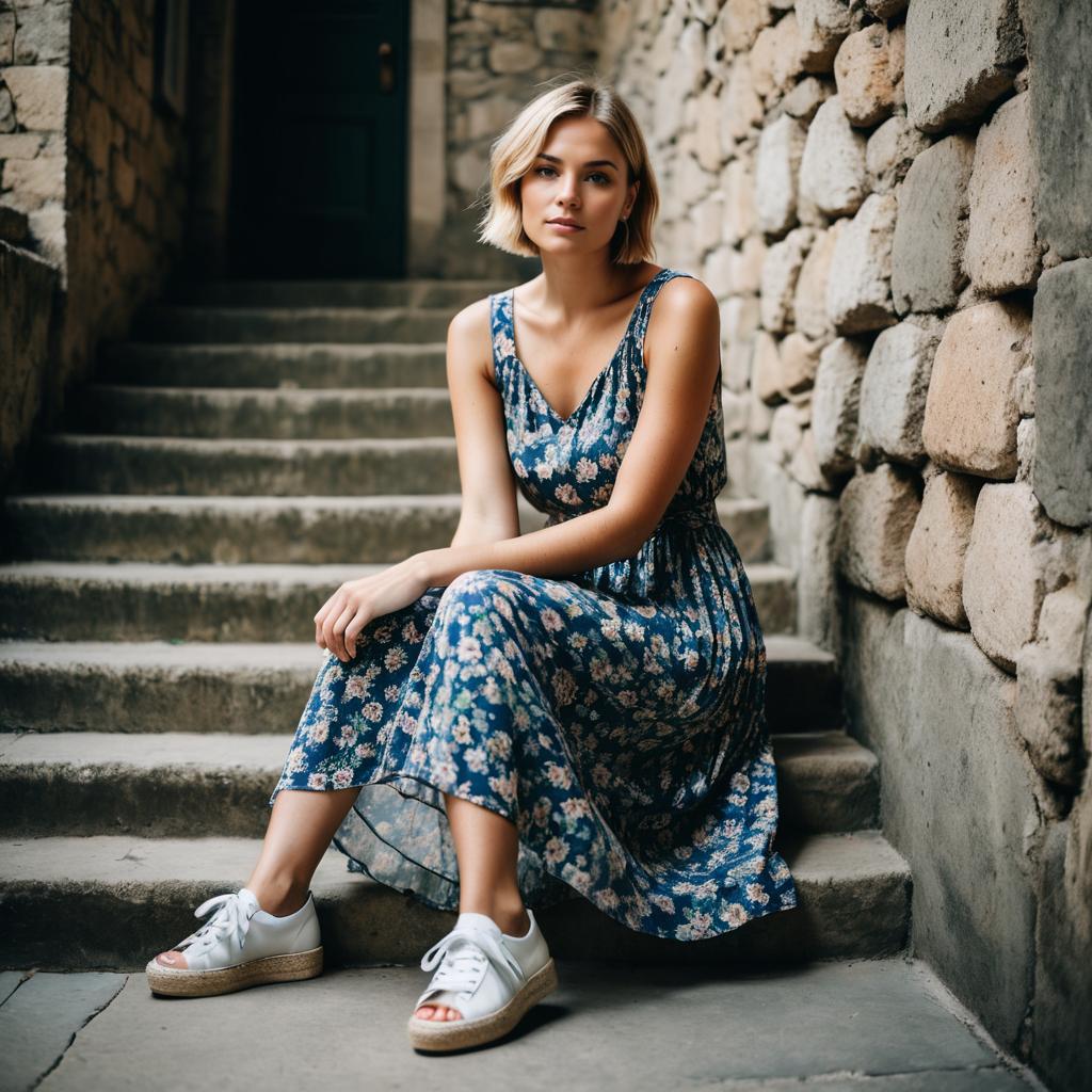 Young Woman in Blue Floral Dress on Stone Steps