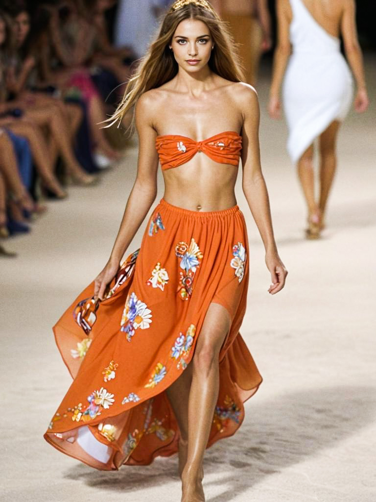 Vibrant Orange Floral Two-Piece Outfit on Runway