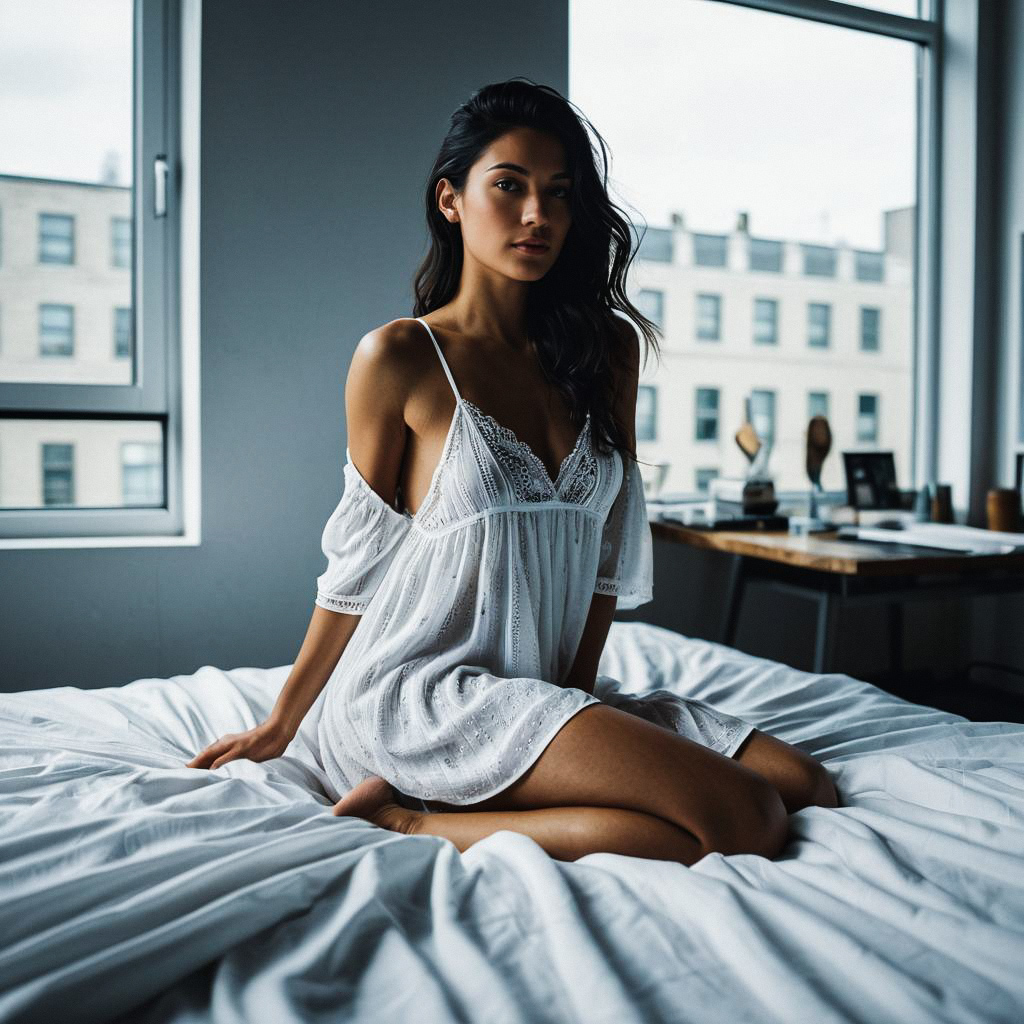 Woman in White Lace Nightdress on Bed