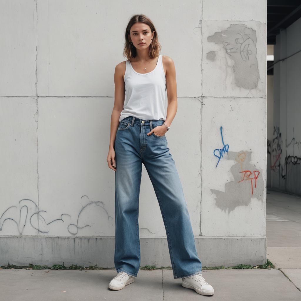 Stylish Woman in White Tank Top and Wide-Leg Jeans Urban Street Style