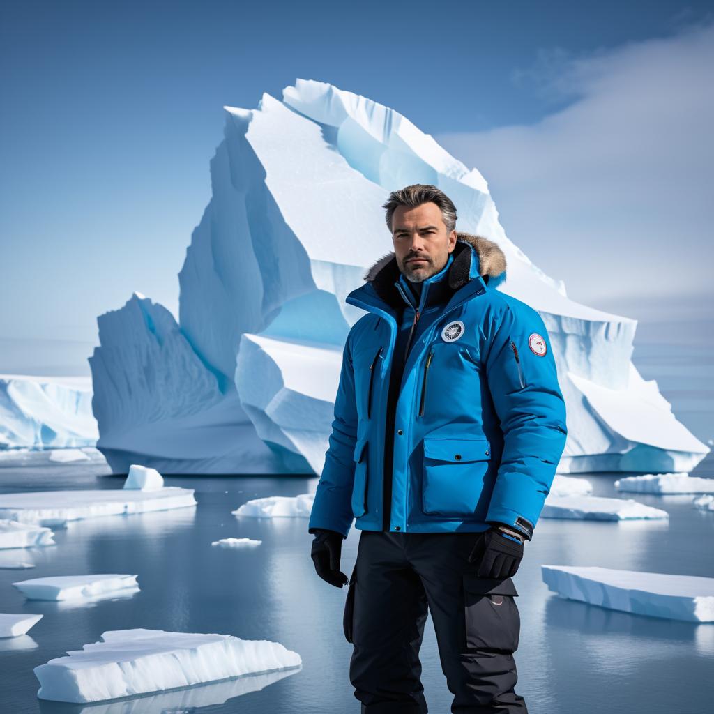 Man in Blue Jacket Against Arctic Icebergs