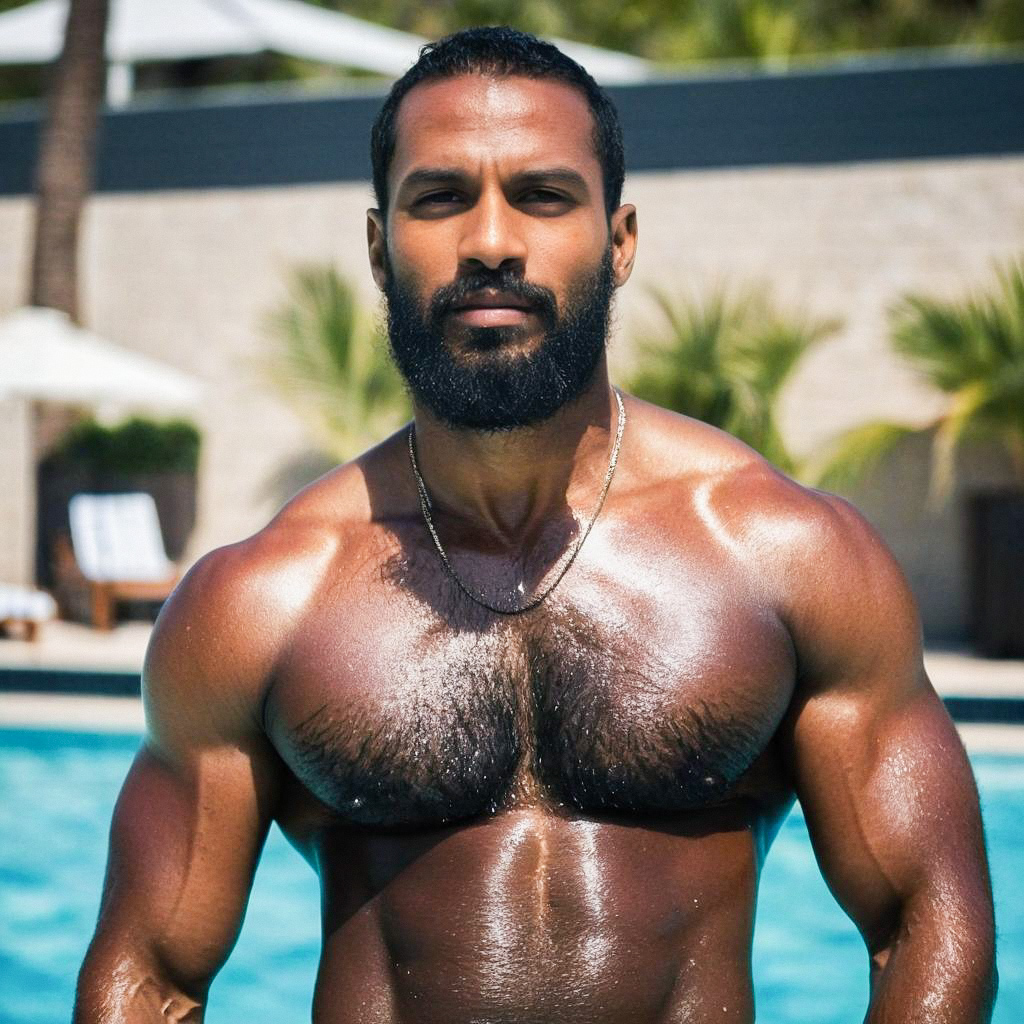 Muscular man by poolside in tropical setting