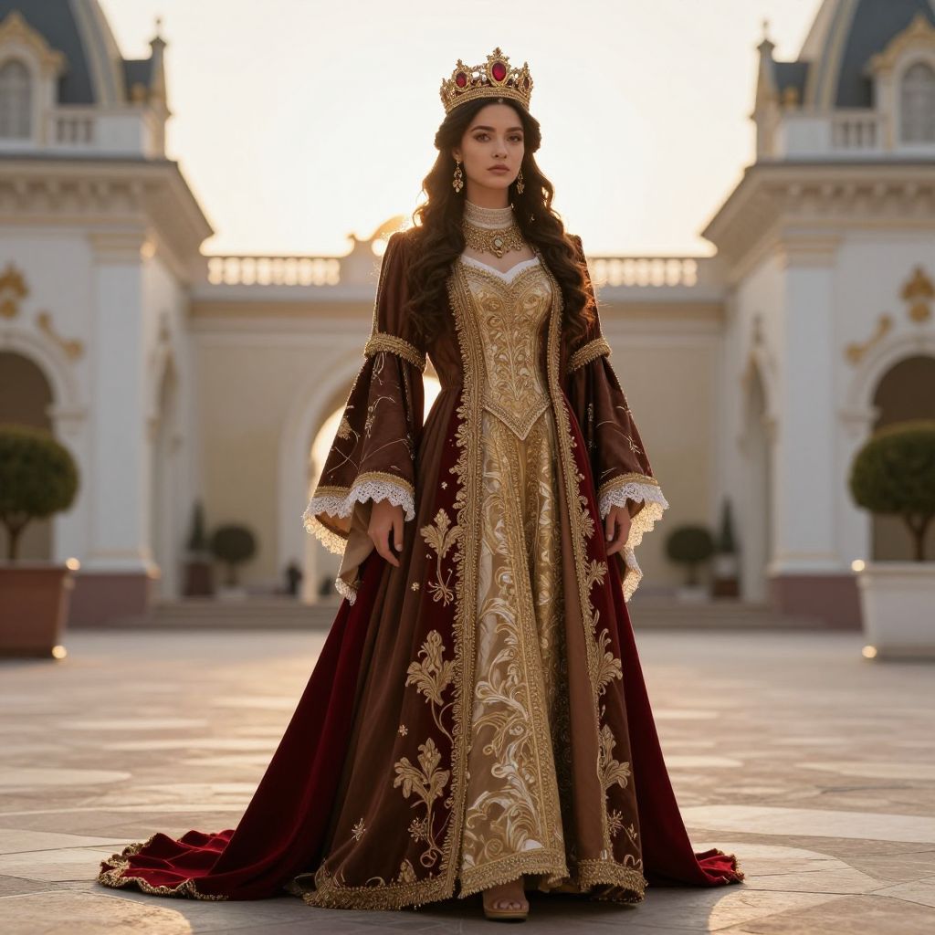 Regal Woman in Ornate Embroidered Gown and Crown in Grand Architectural Setting