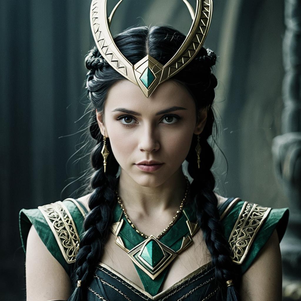 Woman in Loki Headpiece Costume with Braided Black Hair