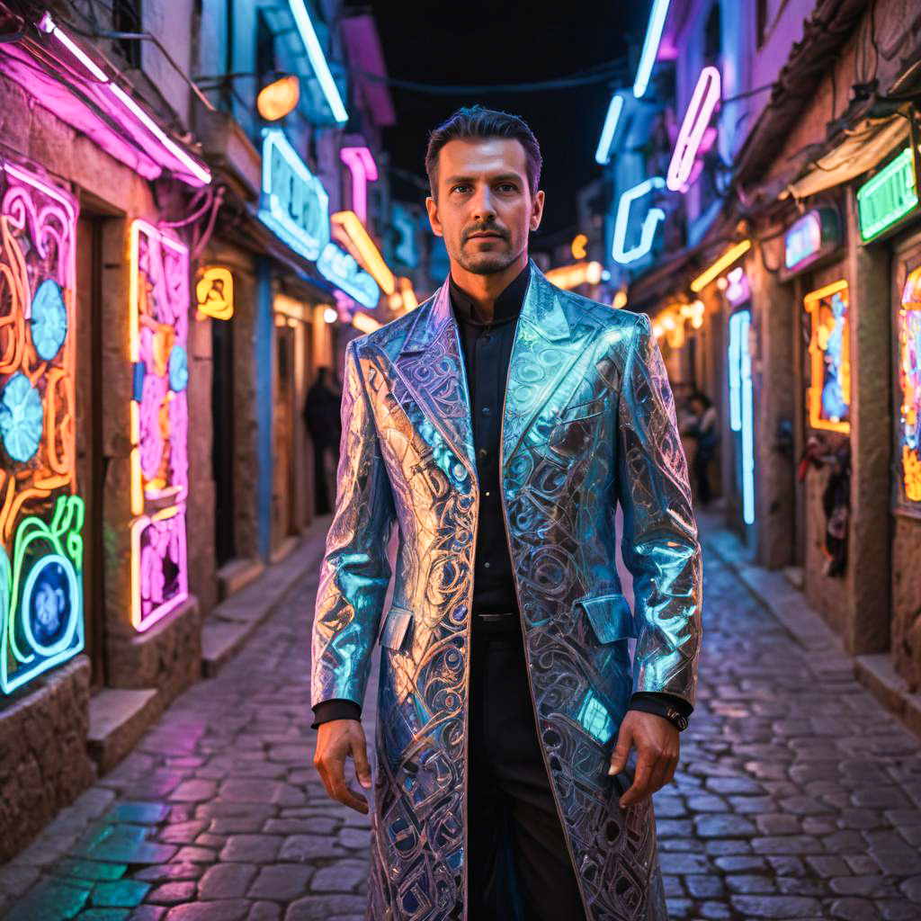 Stylish Man in Neon Alley with Metallic Coat