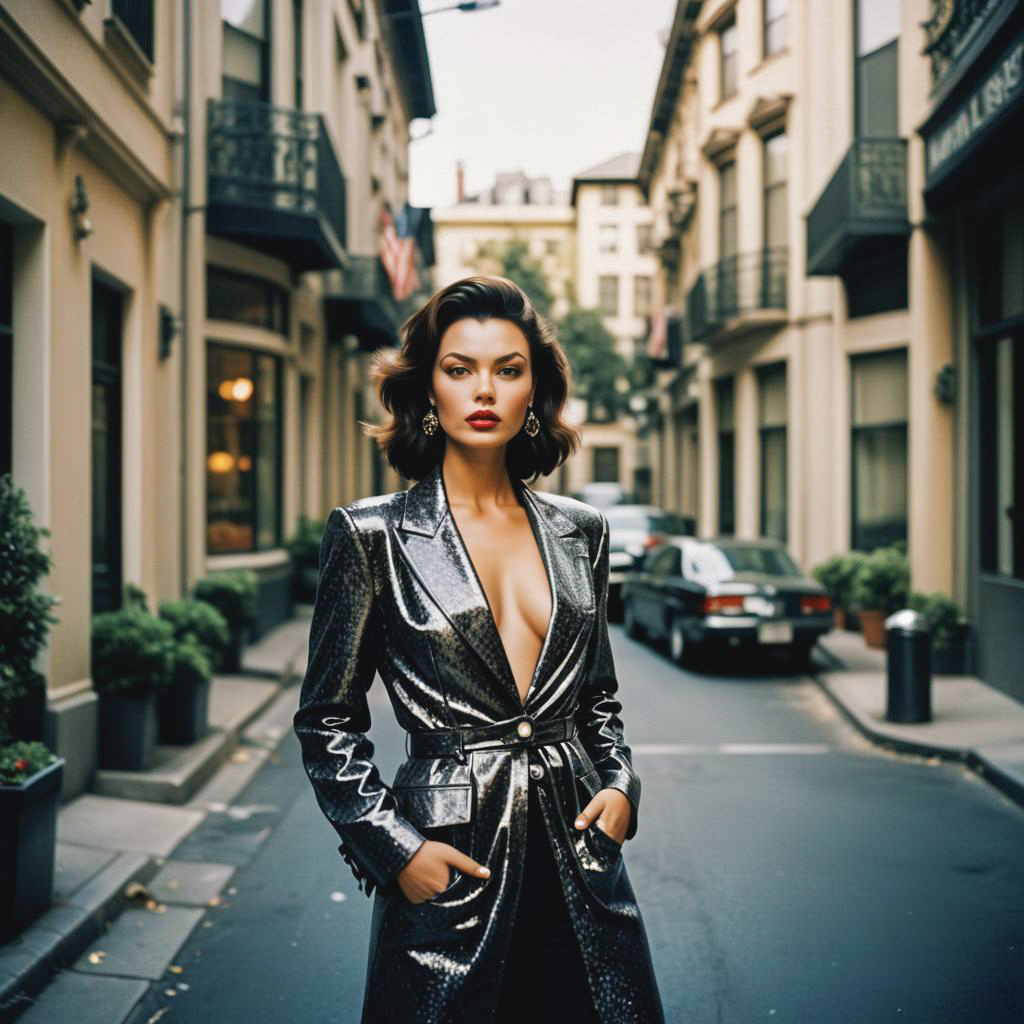 Elegant Woman in Metallic Coat on Urban Street