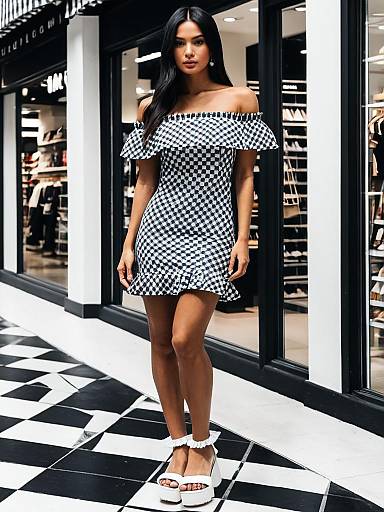 Woman in Casual Summer Off-the-Shoulder Gingham Mini Dress