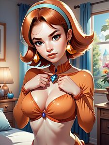Digital Art of Retro Style Woman with Red Hair and Orange Outfit Indoors