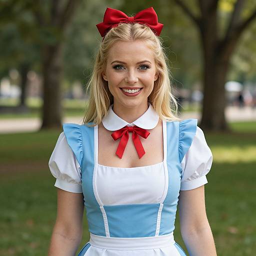 Young Woman in Alice in Wonderland Inspired Costume with Red Bows Outdoors
