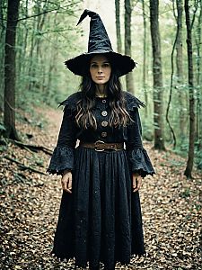 Woman in Classic Woodland Witch Costume Standing in Forest