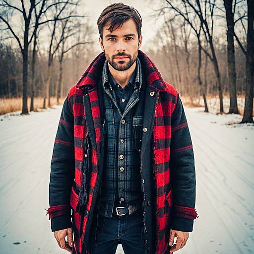 Young Man in Red and Black Plaid Coat on Snowy Forest Path