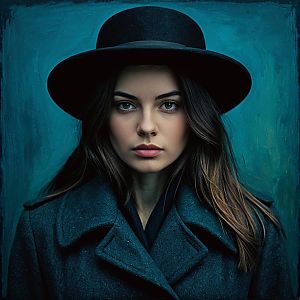 Cinematic Portrait of Woman in Black Hat and Blue Coat