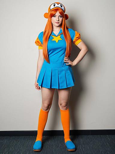 Woman Cosplaying as Mona from WarioWare in Blue and Orange Outfit