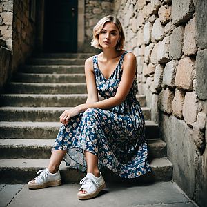 Young Woman in Blue Floral Dress on Stone Steps