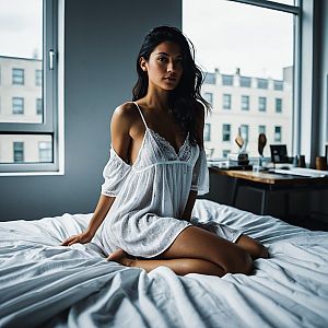 Woman in White Lace Nightdress on Bed