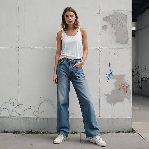 Stylish Woman in White Tank Top and Wide-Leg Jeans Urban Street Style
