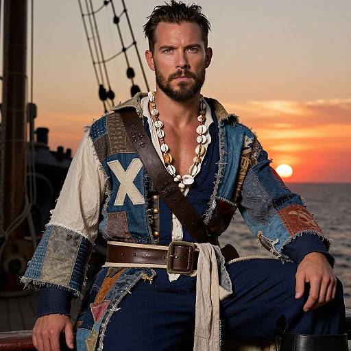 Man in Patchwork Pirate Costume on Ship Deck at Sunset
