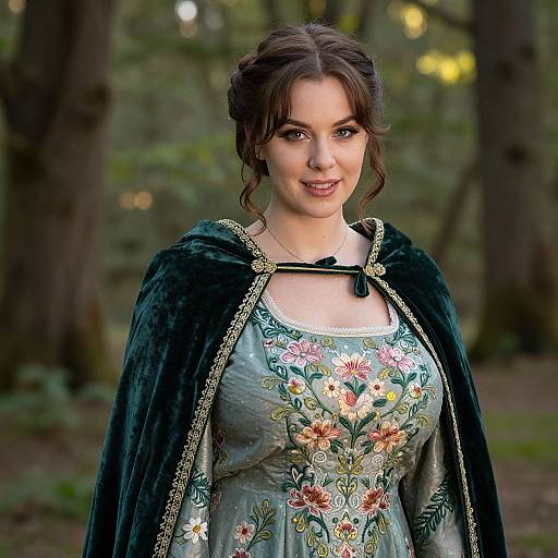Medieval Woman in Embroidered Gown with Velvet Cloak in Forest