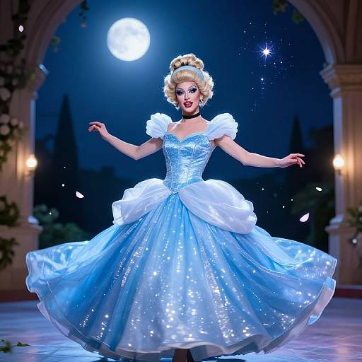 Glamorous Woman in Sparkling Cinderella-Inspired Ball Gown Under Moonlight