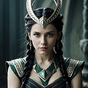 Woman in Loki Headpiece Costume with Braided Black Hair