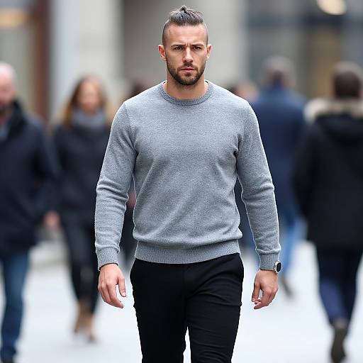 Confident Man Walking on Busy Urban Street Wearing Grey Sweater