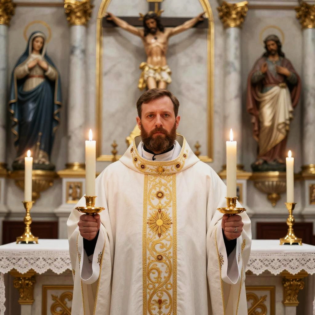 Catholic Priest Holding Candles in Church Altar with Religious Statues