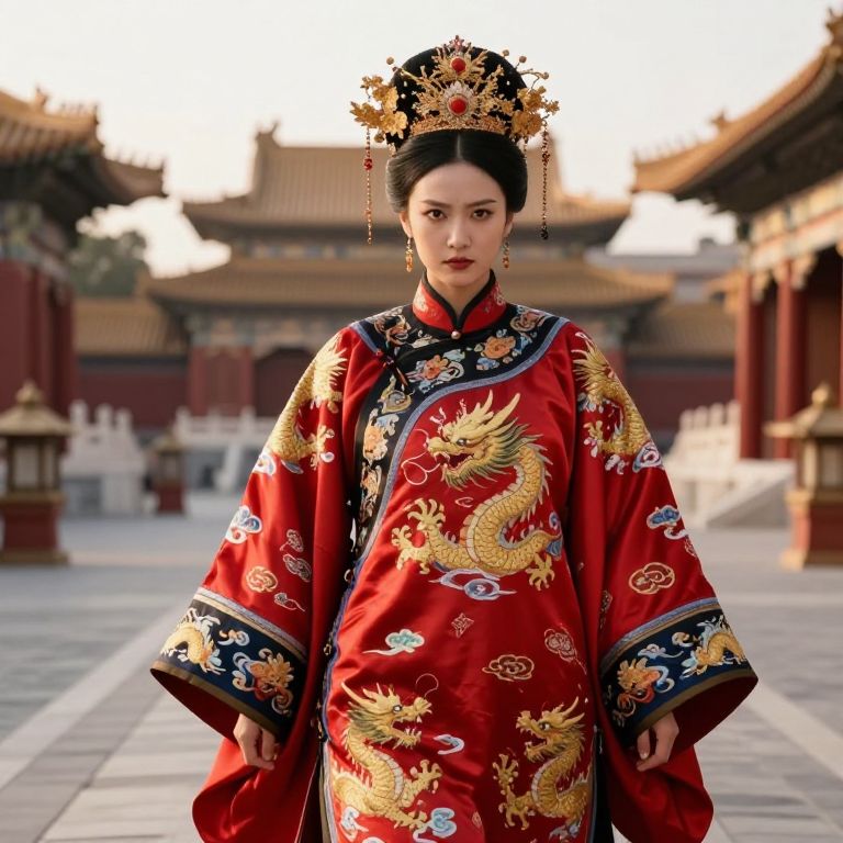 Traditional Chinese Royal Woman in Red Dragon Embroidered Robe