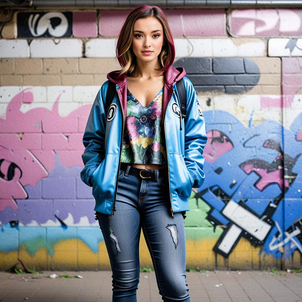 Stylish Woman in Colorful Graffiti Wall