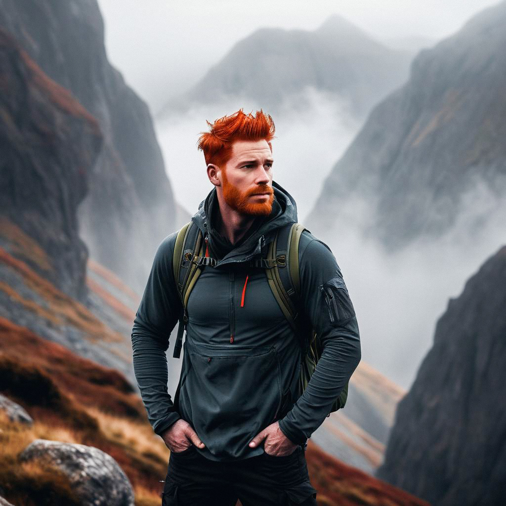 Rugged Man with Red Hair in Misty Mountains