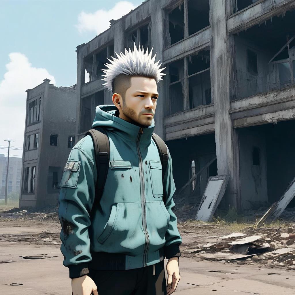 Man with Spiked Hair in Teal Hoodie Standing by Abandoned Building