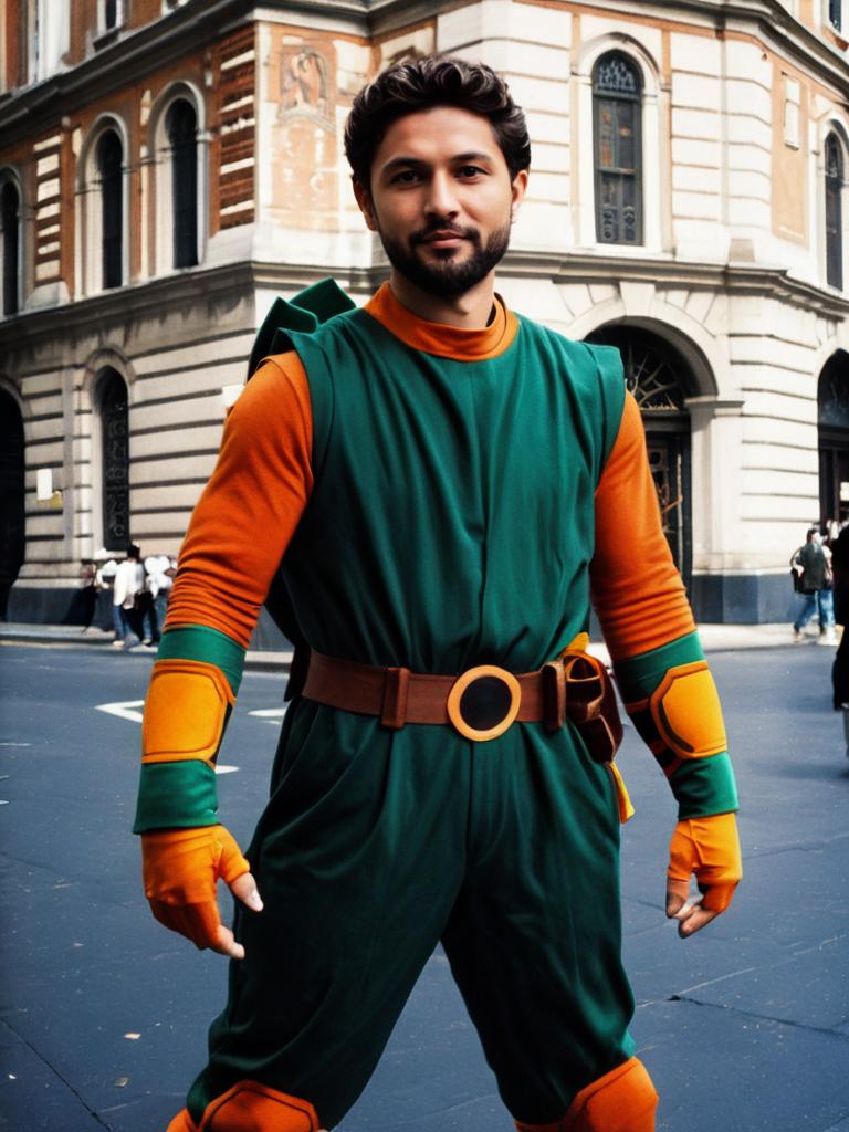 Man Cosplay Wearing Michelangelo Costume Green Orange Street Photo