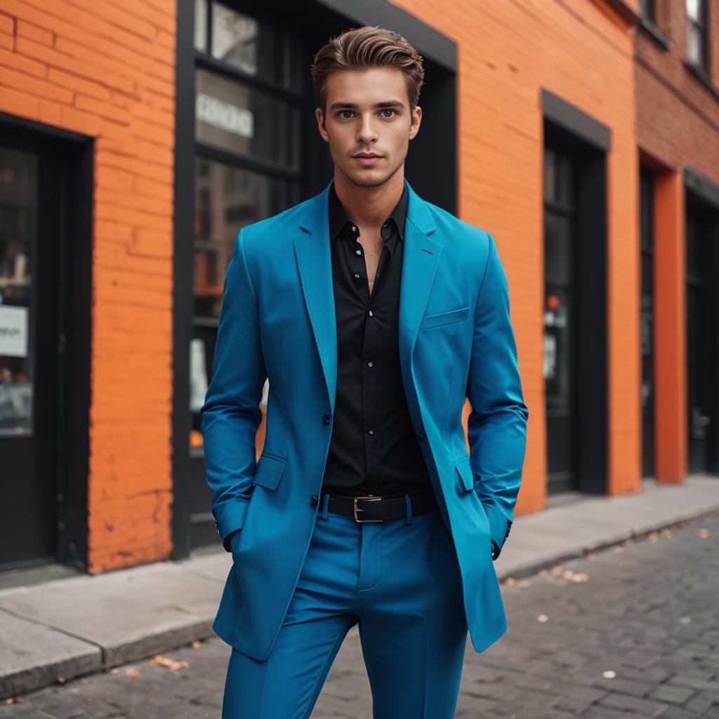 Confident Man in Teal Suit Against Urban Brick Wall