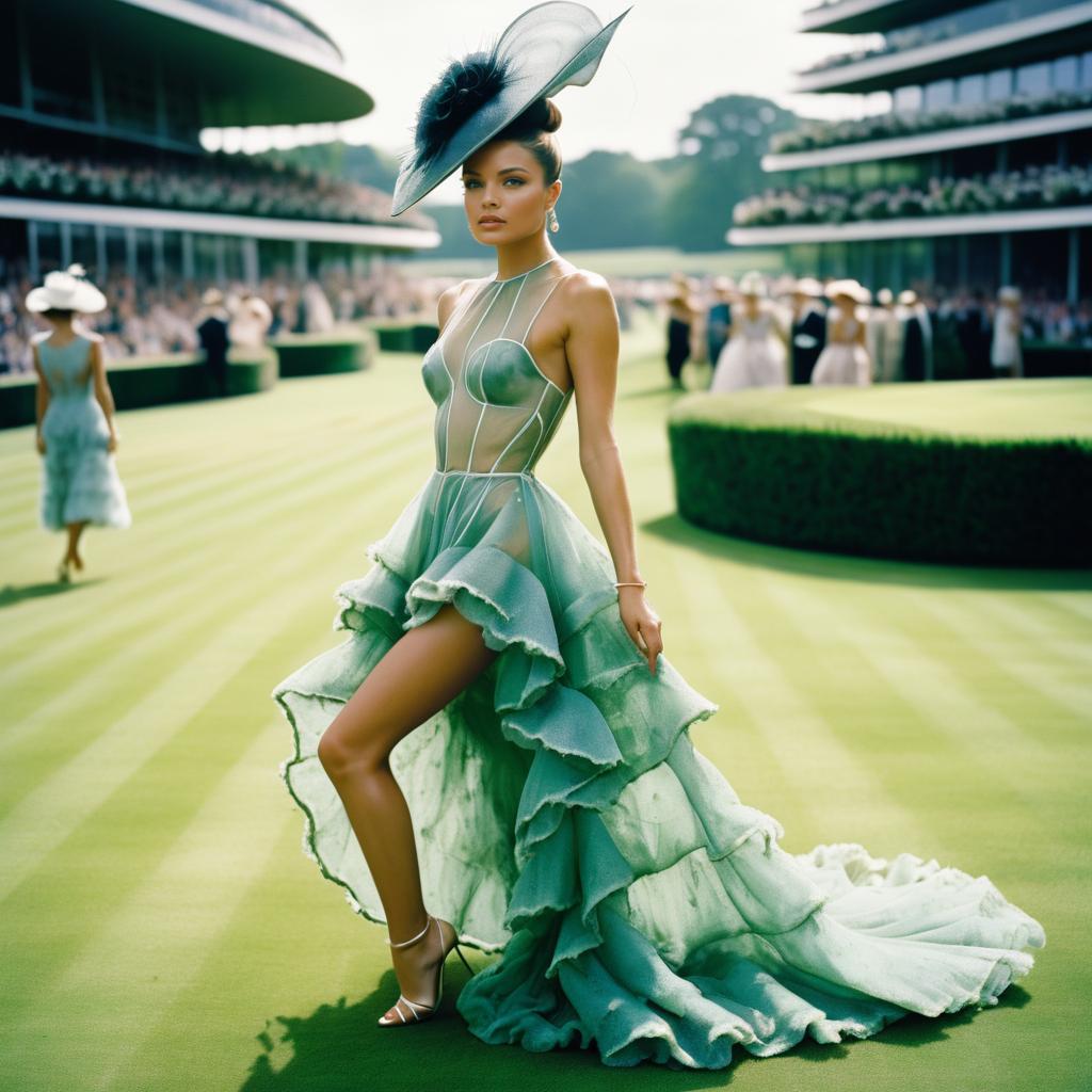 Elegant Woman in Flowing Green Dress with Hat