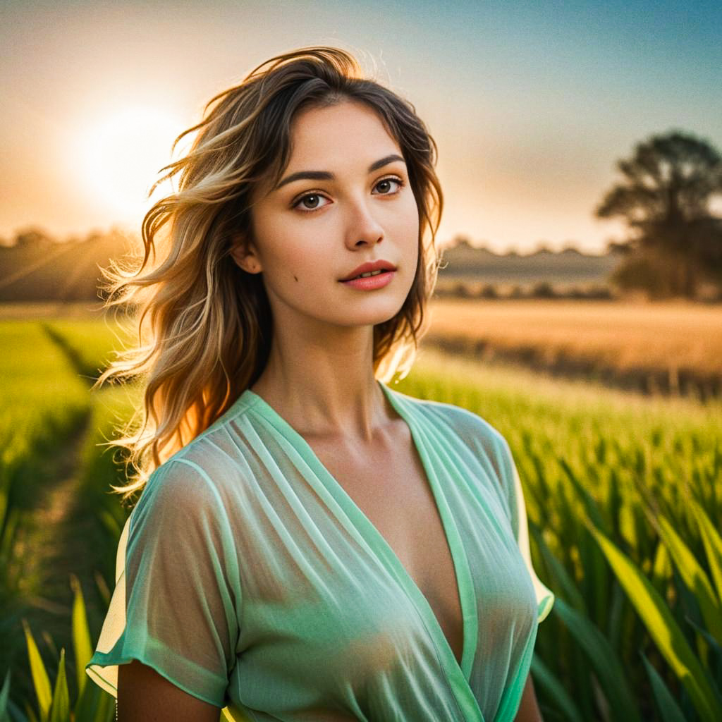 Serene Woman in Lush Field at Sunset