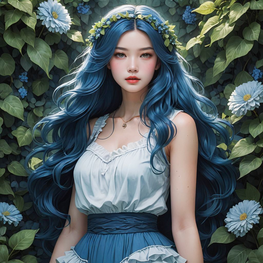 Woman with Blue Hair and Floral Crown