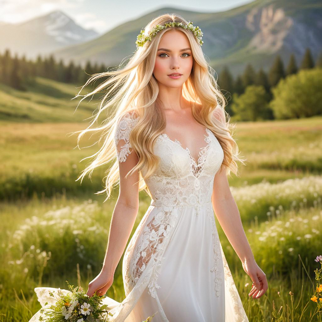 Elegant Bride in Sunlit Meadow
